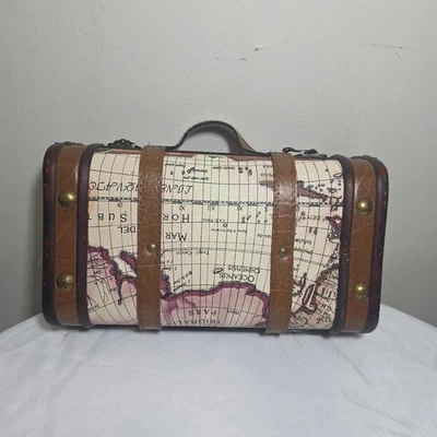 Handbag Purse WORLD MAP LEATHER & BROWNWOOD Vintage Look Hinged Case 12x7.5x35" - Image 1 of 4