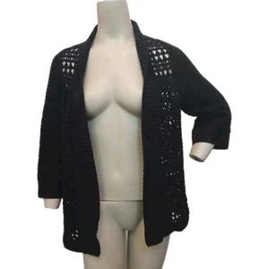 Damen Medium schwarz Strickjacke Pullover Häkel filigran vorne offen Jacke 3/4 Slv - Bild 1 von 5