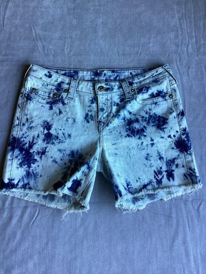True Religion Denim Shorts Womens 32 Tie Dye Cutoff Raw Hem Stretch 5 Pocket - Image 1 of 4