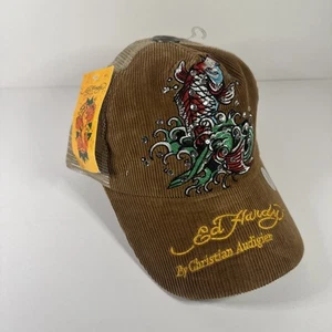 NWT Vintage Y2K Don Ed Hardy Trucker Hat SnapBack Brown Tiger Corduroy READ - Picture 1 of 7