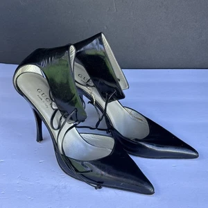 Gucci Black Leather Strappy Cutout Pointed Toe Heels Pumps Size 7B / 37.5 - Picture 1 of 16