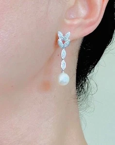 Wedding 14K White Gold Diamonds Pearl Dangle Earrings - Picture 1 of 9