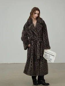 Winter Thickened Leopard Print Overcoat Faux Fur Coat Loose Lapel Belted Coat - Picture 1 of 21