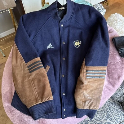 Vtg Adidas Mens XL Distressed Notre Dame University Wool Leather Varsity Jacket - Image 1 of 4