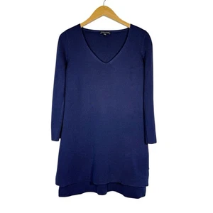 Suéter Eileen Fisher Azul Marino Seda Algodón Orgánico Cuello en V Túnica Dobladillo Alto Bajo Talla XS - Imagen 1 de 8