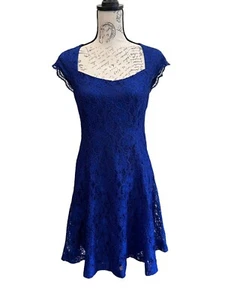 Lauren Ralph Lauren Evening Blue Lace Lined Mini Dress Date Fit Flair Open Back - Picture 1 of 13