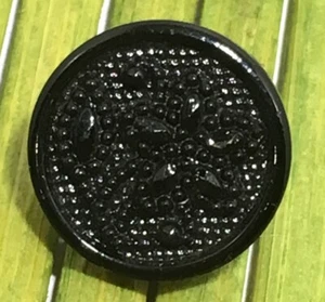 Antique Jet Black Glass Button Floral Lacy Relief Loop Shank 1/2" - Picture 1 of 7