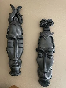 1959 Universal Statuary Corp afrikanische Stammesmaske Wandskulptur 27" (Paar) MCM - Bild 1 von 10