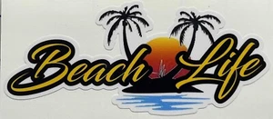 Beach Life Palm Trees Island Happy Sunshine Sand Seashell Vinyl Sticker Decal - Picture 1 of 2
