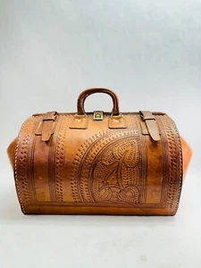 Vintage Western Southwest Rodeo Yellowstone Hand Tooled Leather Bag Hard Duffel - Picture 1 of 22