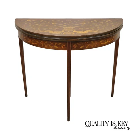 Antique Dutch Marquetry Inlay Flip Top Demilune Console Game Table Cover