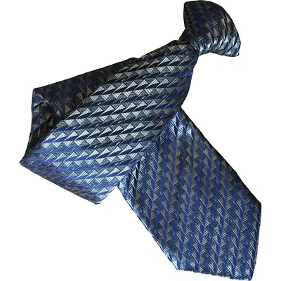 Silk Green and Navy Blue Geometric Pattern Clip On Tie Clipper Snapper Tie - Image 1 of 4