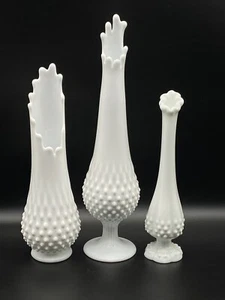 Vintage Lot Of 3 Fenton White Milk Glass Swung Hobnail Pedestal Vase 60's MCM - Picture 1 of 17