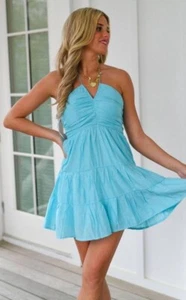 Lele Ruched Detail Neckholder Mini Boutique Kleid in blau Größe Small EUC gefüttert - Bild 1 von 8