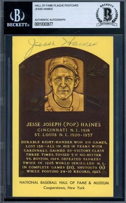 Jesse Haines Beckett BAS Signed Gold Hall of Fame Plaque Postcard Autograph - Image 1 of 2