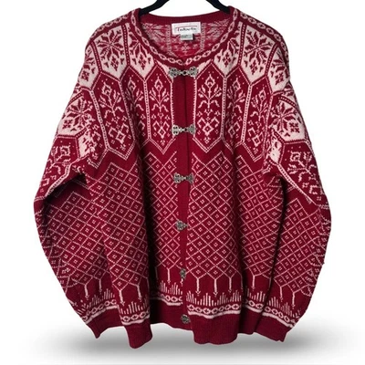 Talbots – Women's Vintage Fair Isle Wool Nordic Cardigan Red White 90s – Sz L - Image 1 of 4