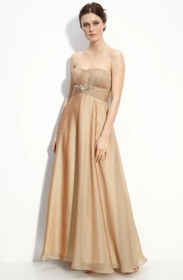 JS Collections Strapless Cationic Chiffon Gown Sz 16 Light Gold - Image 1 of 2