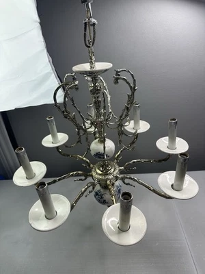 Vintage Montesinos Blue White Porcelain Silver Plated Spanish Style Chandelier - Image 1 of 4