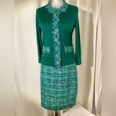 Conjunto de falda de lana y cárdigan de seda Kate Spade Tweed verde esmeralda borde bouclé talla 6 Foto 1 de 4