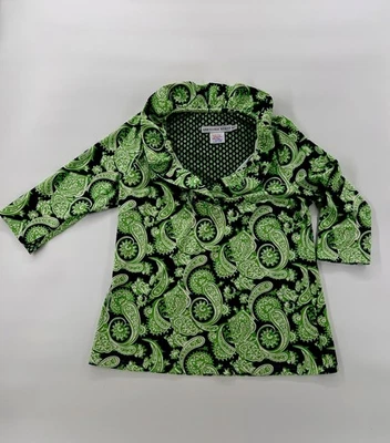 Gretchen Scott Shirt Womens XL Ruffle Neck Jersey Top Plentiful Paisley Green - Image 1 of 4