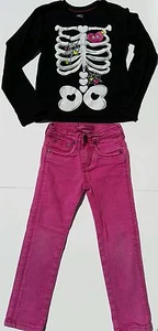 Girls Halloween Skeleton Shirt Vigoss Amethyst Jeans Size 4/5 4 Adjusters Denim - Picture 1 of 10