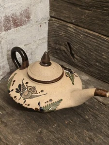Vintahe Tonala Teapot Mexican Pottery Sandstone Hand Painted Enamel Owl Floral - Picture 1 of 8