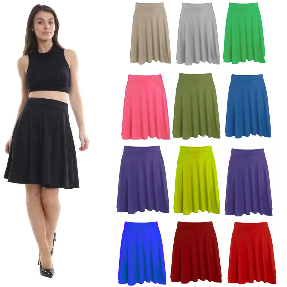 WOMANS SHORT SKATER SKIRT LADIES PLUS SIZE PLAIN FLARED ELASTIC WAIST 8-26 - Image 1 of 1