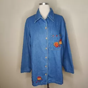 Vintage Casey Coleman Womens Shirt XL Apples Apple Tree Button Up Denim Chambray - Picture 1 of 10
