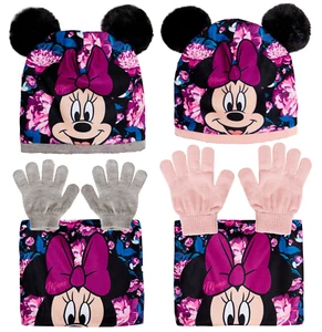 Disney Minnie Mouse Bobble Hat + Snood Scarf + Gloves Girls 3 Piece Winter Set - Picture 1 of 8