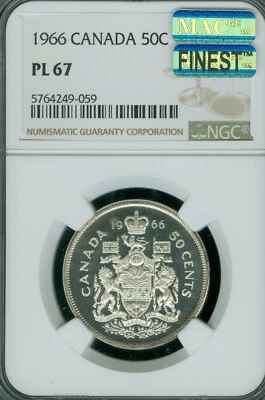 1966 CANADA 50 CENTS NGC PL67 PQ 2ND FINEST GRADED MAC SPOTLESS . - Image 1 of 2