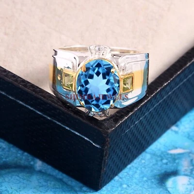Natürlich Blauer Topas & Peridot Mit Weiß Vergoldet Silber Ring für Herren #1938 - Bild 1 von 4