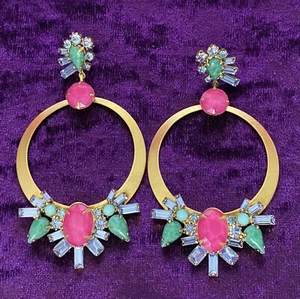 Elizabeth Cole Pink Crystal Drop Dangle Earrings Speckled Cabs Hoops Post Glam - Picture 1 of 9