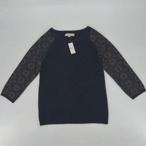 NWT LOFT Women's Pullover Sweater Size M Navy Blue Rib Knit Geometric Sleeves - Picture 1 of 15