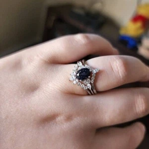 Blue Sandstone Ring Set 6x8mm Moissanite 3pcs 925 Sterling Silver Gift for Her - Picture 1 of 7
