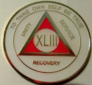 White Red Alcoholics Anonymous 43 Year AA Medallion Coin Token Chip Sobriety - Picture 1 of 10
