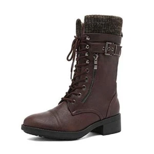 Women's Winter Lace up Mid Calf Combat Riding Military Boots 9 Amazon-burgundy - Picture 1 of 7