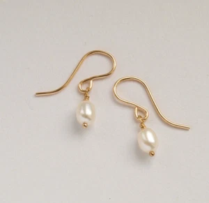 Tiny Drop Pearl Earrings Gold Filled - Small Real Freshwater Dangly Dangle Hooks - Picture 1 of 6