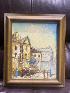 Vintage Europäischer Straßenmarkt Ölgemälde 8x10 - gerahmt auf Leinwand Tafel - Bild 1 von 5