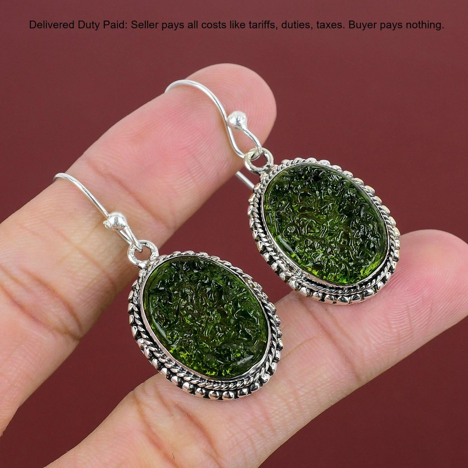 Pendientes colgantes vintage de moldavita natural oferta del día de la madre plata de ley 925 Foto 1 de 1