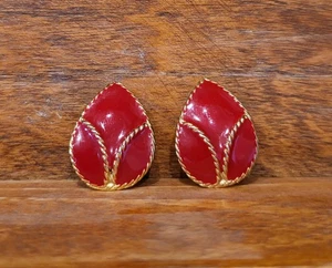 Rote Träne Tropfen Ohrclips goldfarben Vintage Modeschmuck 80er Stil  - Bild 1 von 10