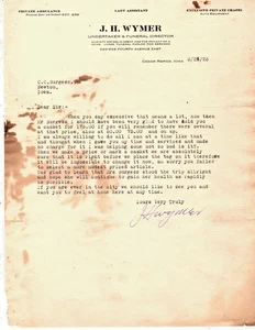 1923 J H Wymer Undertaker Letterhead Cedar Rapids Iowa - Picture 1 of 1