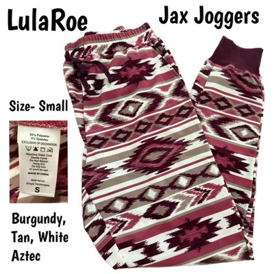 LulaRoe Jax Joggers EUC Burgundy White Tan Aztec SIZE Small - Image 1 of 2