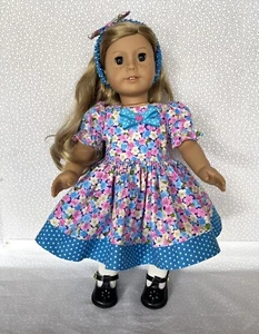 Flowers and Dots Party Dress and Headband   Handmade  Fits 18" Dolls   Free Ship - Picture 1 of 7