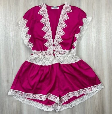 Vintage Amaretta Satin Chantilly Lace Lingerie Teddy Romper Hot Pink Medium USA - Image 1 of 4