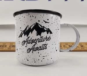 Enameled Metal Camping Mug~Adventure Awaits ~ Explore the Wild ~Black & White - Picture 1 of 4