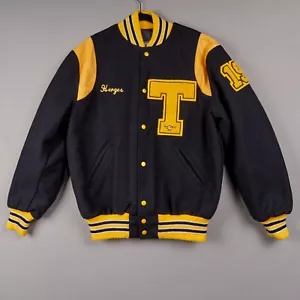 Vintage Varsity Letter Jacket T Letterman Black Wool Yellow Trim USA 90s NEFF - Picture 1 of 8
