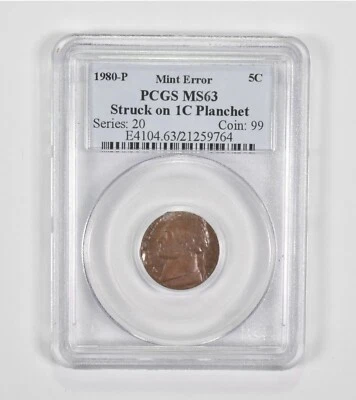MS63 1980-P Jefferson Nickel - Mint Error Stuck On 1C Planchet Graded PCGS *1442 - Image 1 of 3