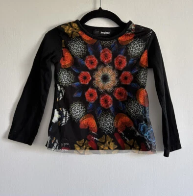 Desigual Kids Girls Long Sleeve Abstract Tee with Printed Tulle Size 3/4 EUC  - Image 1 of 4