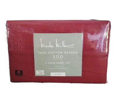 NEW Nicole Miller HOME Solid Red 4 pc KING Sheet Set Cotton Sateen 300 TC - Image 1 of 4