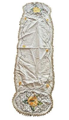 Antique Society Silk Yellow Roses 47" Runner Scalloped Edge 1900s Arts Crafts - Image 1 of 4